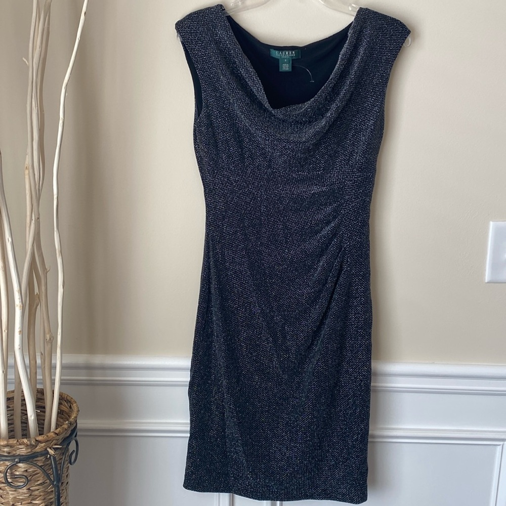 Ralph Lauren Sleeveless Drape Neck Ruched Black Metallic Dress size 8